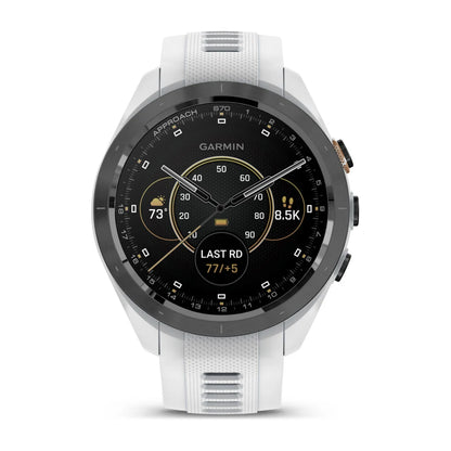 Garmin Approach S70 smartwatch displaying various metrics including temperature, distance, and last round score.