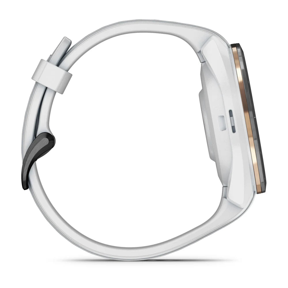 Side view of the Garmin Approach S70 smartwatch featuring a sleek design and white strap.