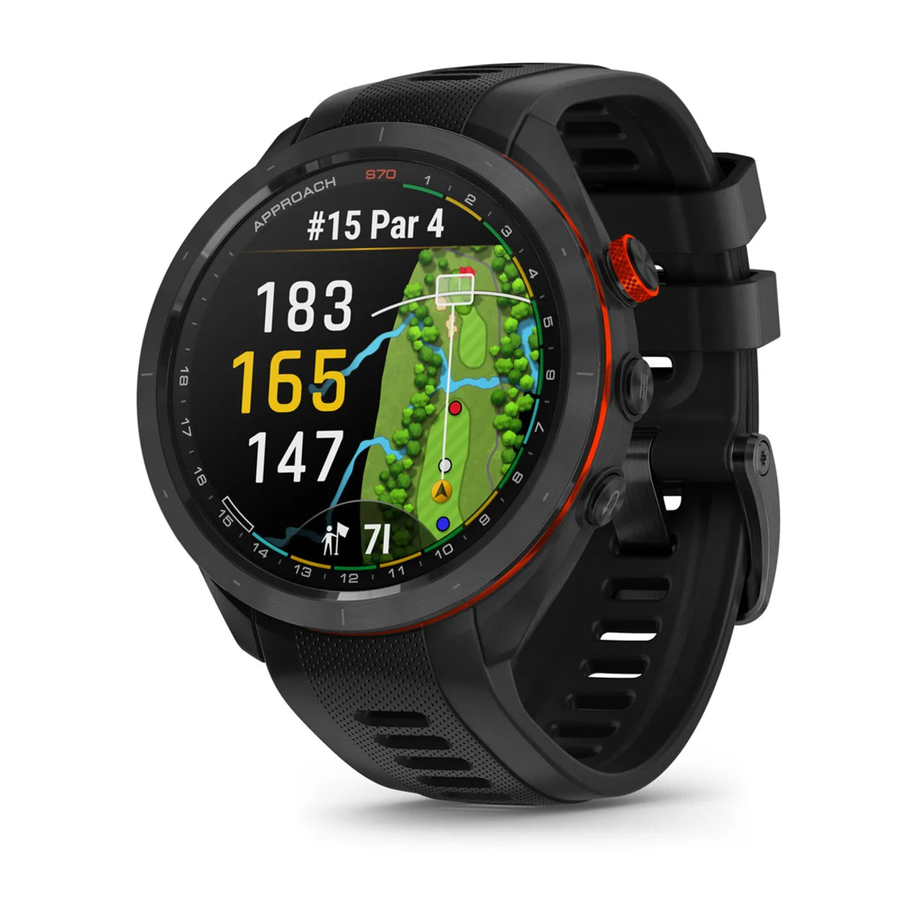 Garmin Approach S70 smartwatch displaying a golf course map with hole information and distances.