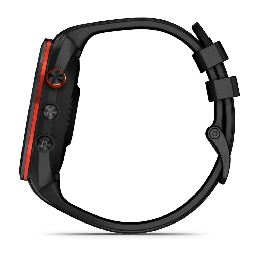 Side view of the Garmin Approach S70 smartwatch, featuring a sleek black design with red accents and multiple buttons.