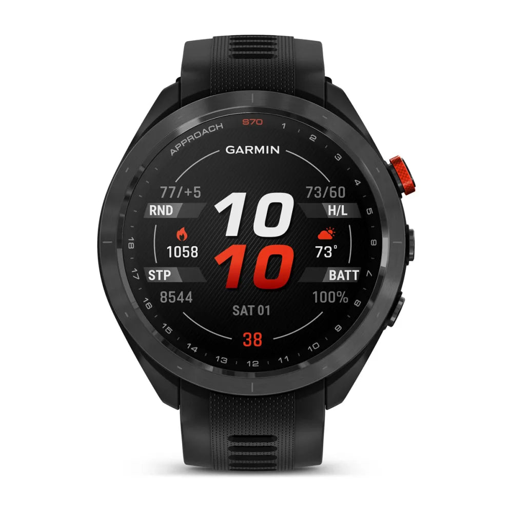 Garmin Approach S70 smartwatch displaying various metrics including steps, heart rate, and battery level.