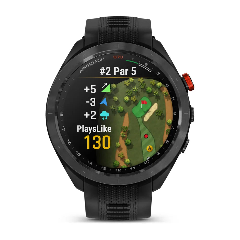 Garmin Approach S70 smartwatch displaying a golf course map for hole #2, featuring distance indicators and par information.