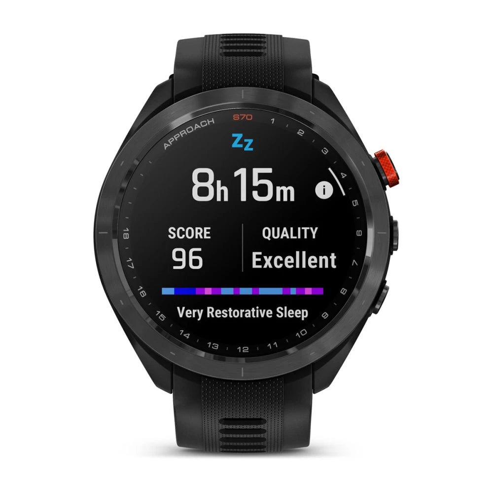 Garmin Approach S70 smartwatch displaying sleep data with a score of 96 and a quality rating of Excellent, indicating 8 hours and 15 minutes of very restorative sleep.
