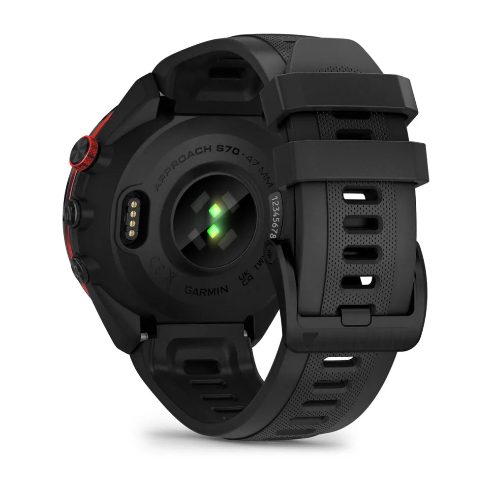Garmin Approach S70 smartwatch showing the back view with sensors and a black strap.