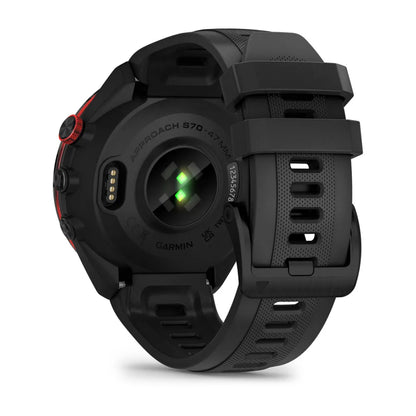 Garmin Approach S70 smartwatch showing the back view with sensors and a black strap.
