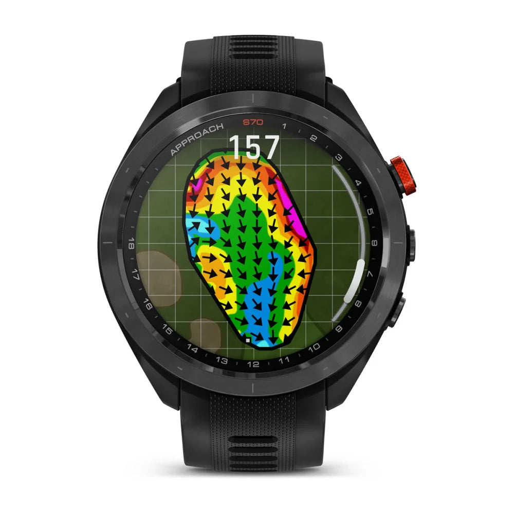 Garmin Approach S70 smartwatch displaying a colorful golf course map with directional arrows and distance information.
