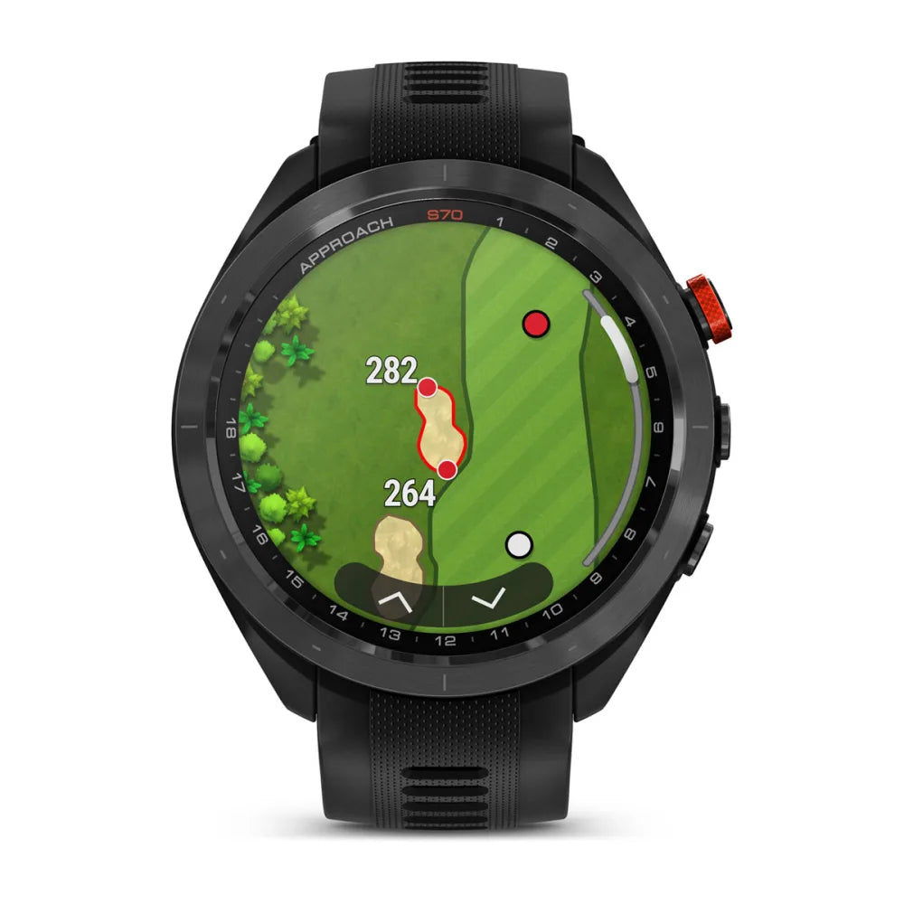 Close-up view of the Garmin Approach S70 smartwatch displaying a golf course map with distances marked for optimal play.
