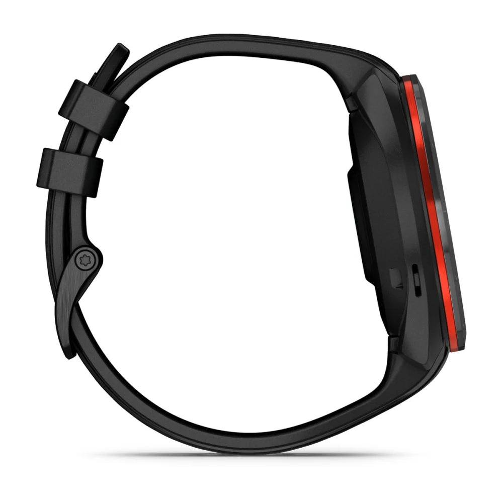 Side view of the Garmin Approach S70 smartwatch featuring a sleek design with a black strap and a red accent.