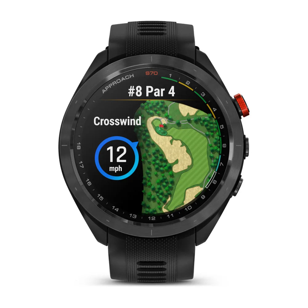 Garmin Approach S70 smartwatch displaying a golf course layout for hole #8, showing a crosswind of 12 mph.
