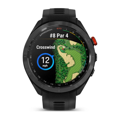 Garmin Approach S70 smartwatch displaying a golf course layout for hole #8, showing a crosswind of 12 mph.