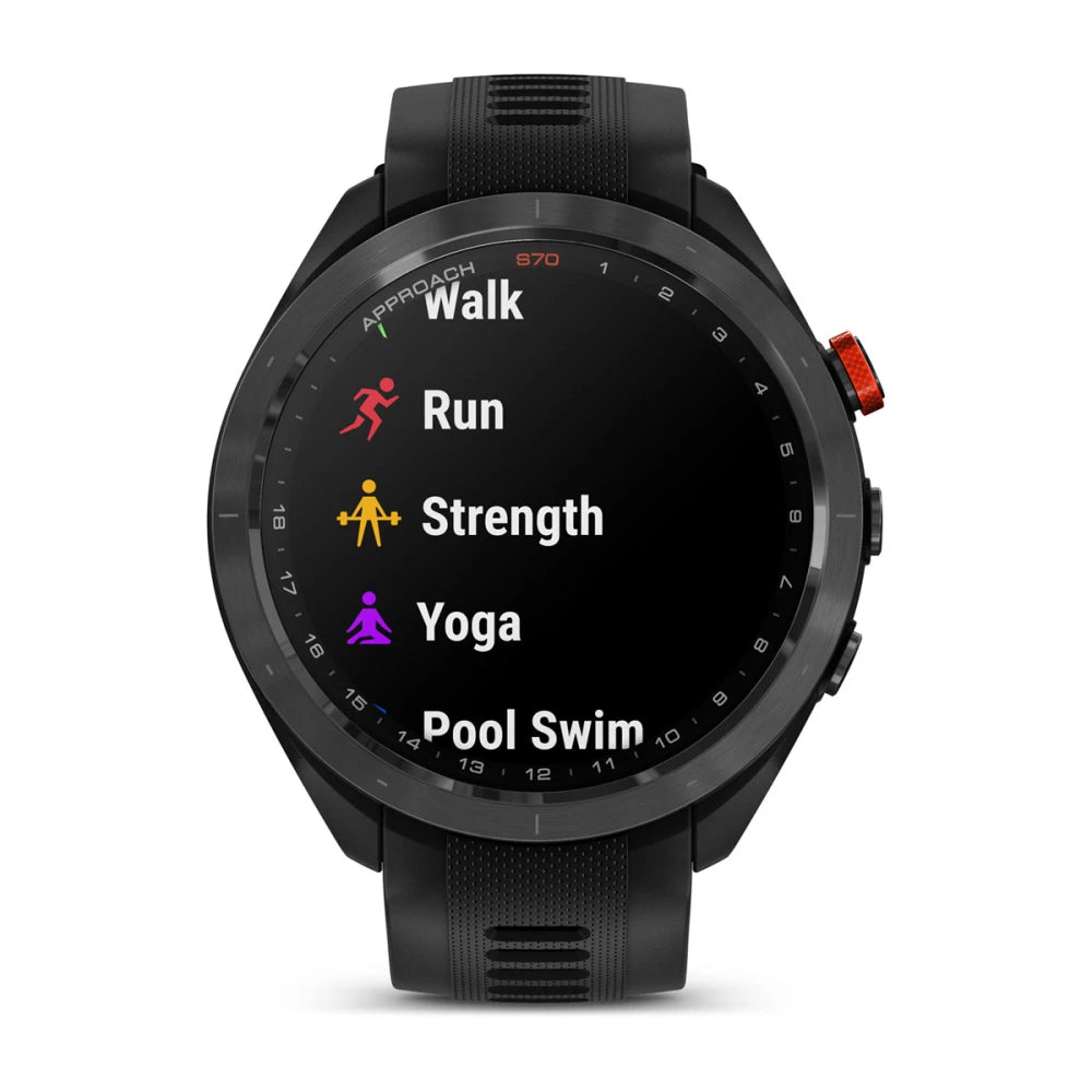 Garmin Approach S70 smartwatch displaying different activity options including Walk, Run, Strength, Yoga, and Pool Swim.
