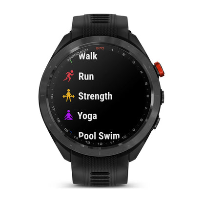 Garmin Approach S70 smartwatch displaying different activity options including Walk, Run, Strength, Yoga, and Pool Swim.