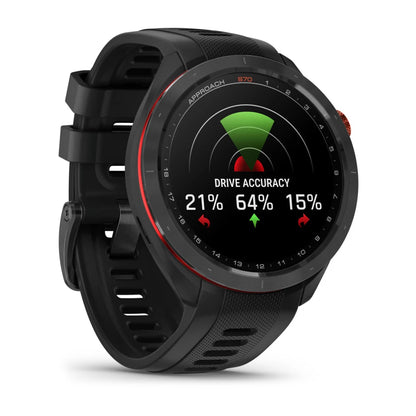 Garmin Approach S70 golf watch displaying drive accuracy metrics with a black strap and a round screen.