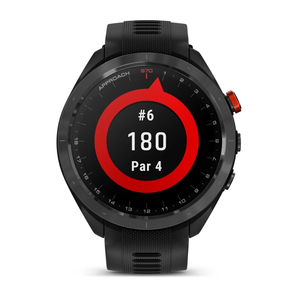 Garmin Approach S70 golf watch displaying hole number 6, distance 180 yards, and par 4.