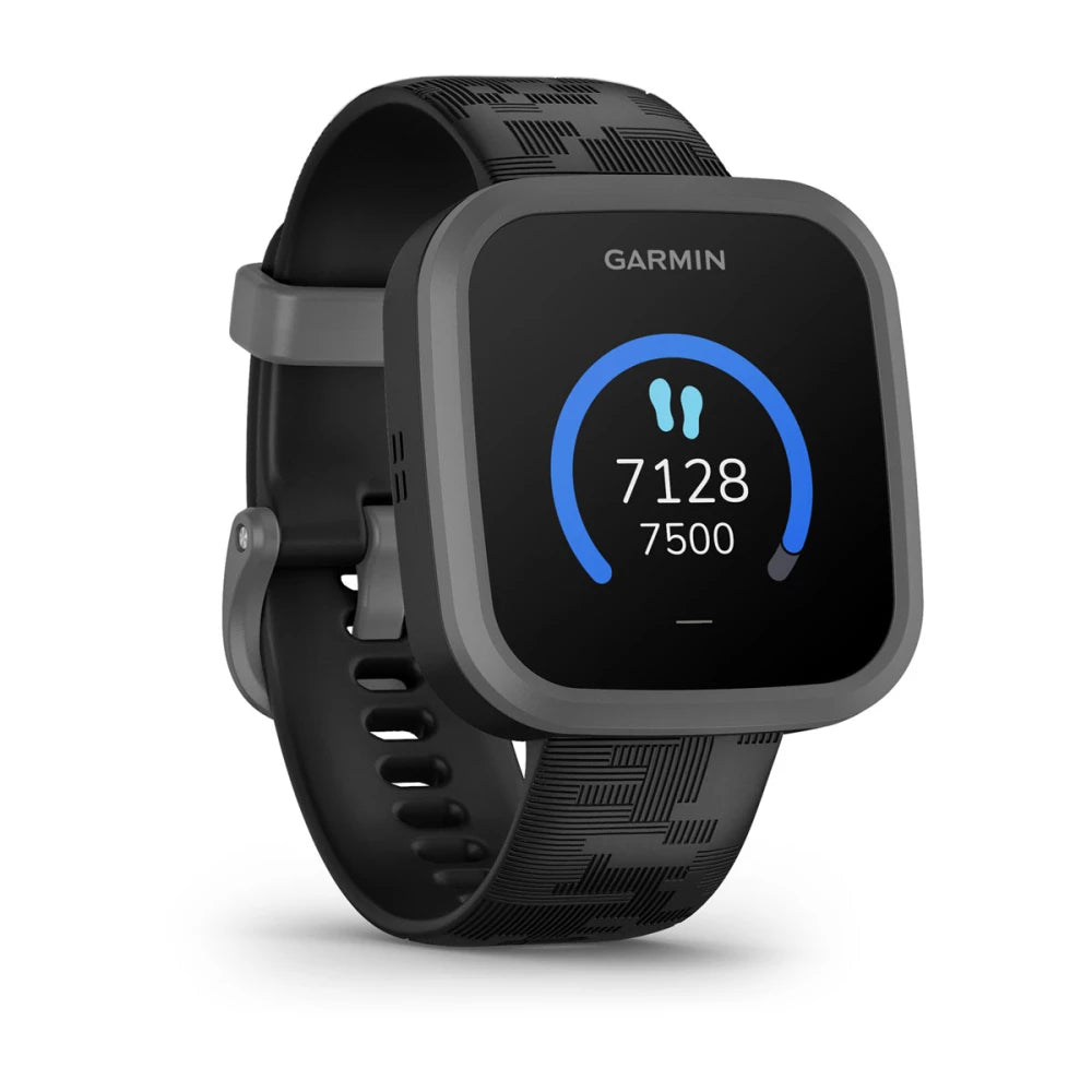 Garmin Bounce smartwatch displaying step count with a black strap and square face design.