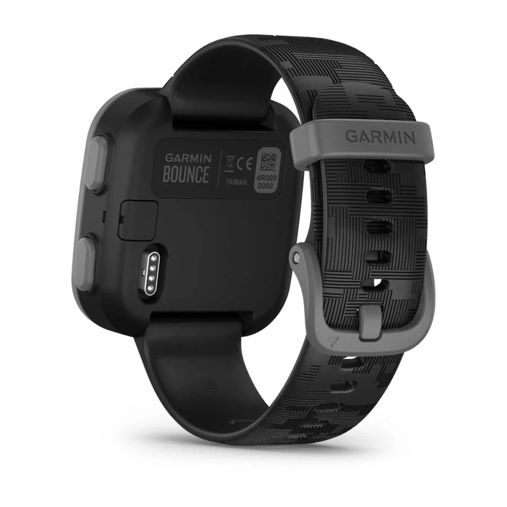 Back view of the Garmin Bounce smartwatch showing the charging port and textured black strap.