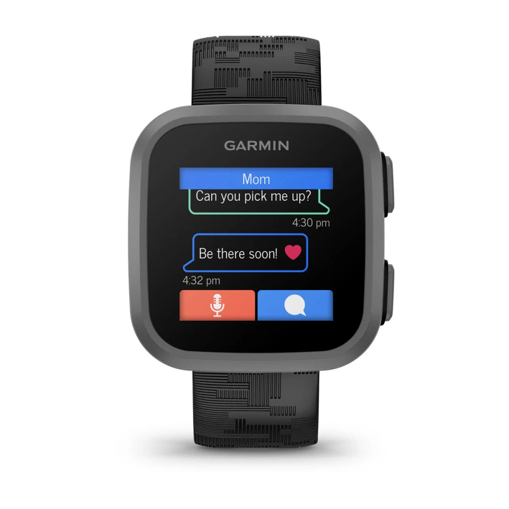 Garmin Bounce smartwatch displaying a text conversation with messages from 'Mom' asking for a pickup and a response saying 'Be there soon!'
