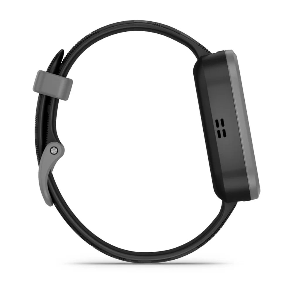Garmin Bounce smartwatch displayed from the side, showcasing its sleek black design and adjustable strap.