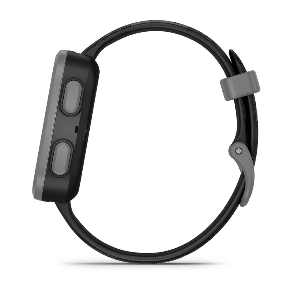 Side view of the Garmin Bounce smartwatch, featuring two buttons and a flexible strap.