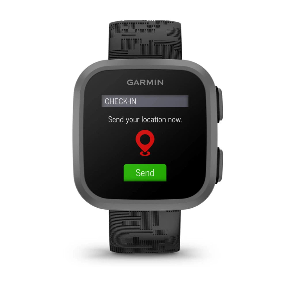 Garmin Bounce smartwatch displaying a check-in screen with the message 'Send your location now' and a green 'Send' button.