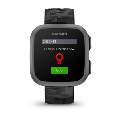 Garmin Bounce smartwatch displaying a check-in screen with the message 'Send your location now' and a green 'Send' button.