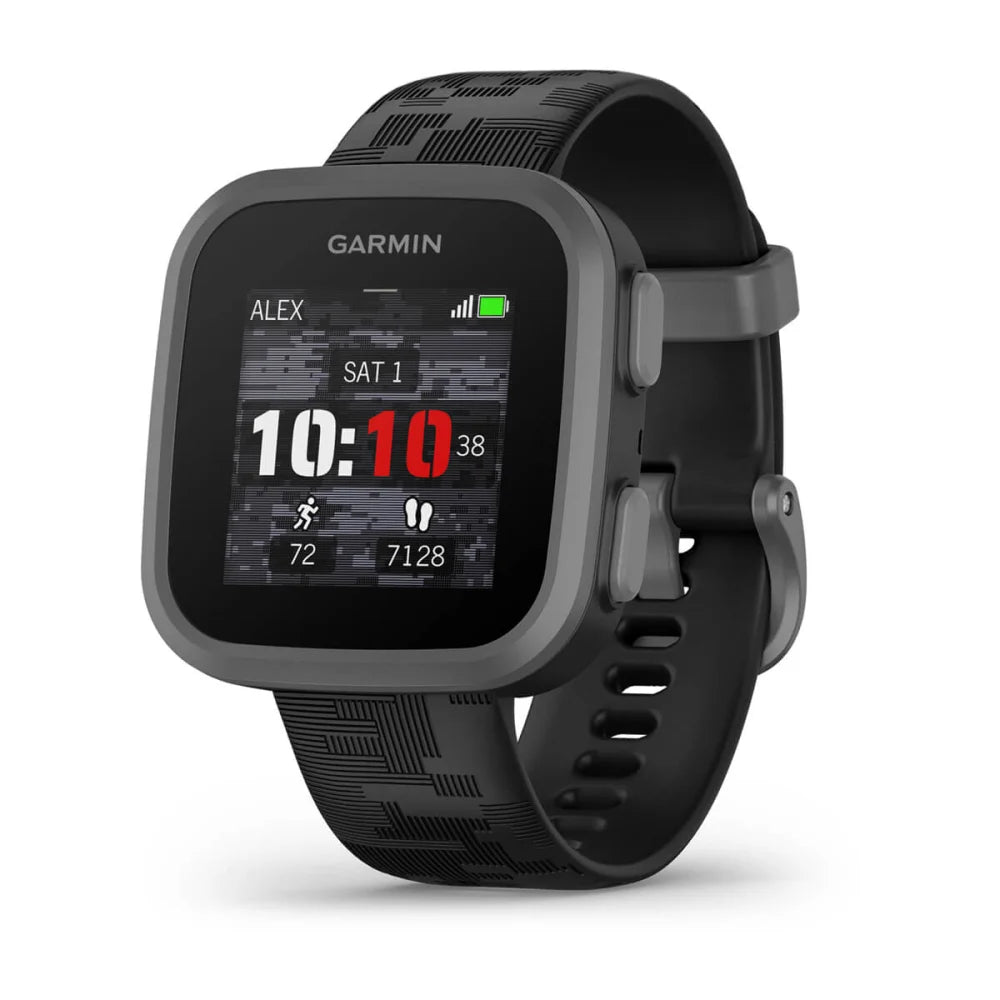 Garmin Bounce smartwatch displaying time, date, and fitness tracking data on a black patterned strap.