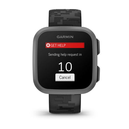Garmin Bounce smartwatch display showing a 'Get Help' alert with a countdown for sending a help request.