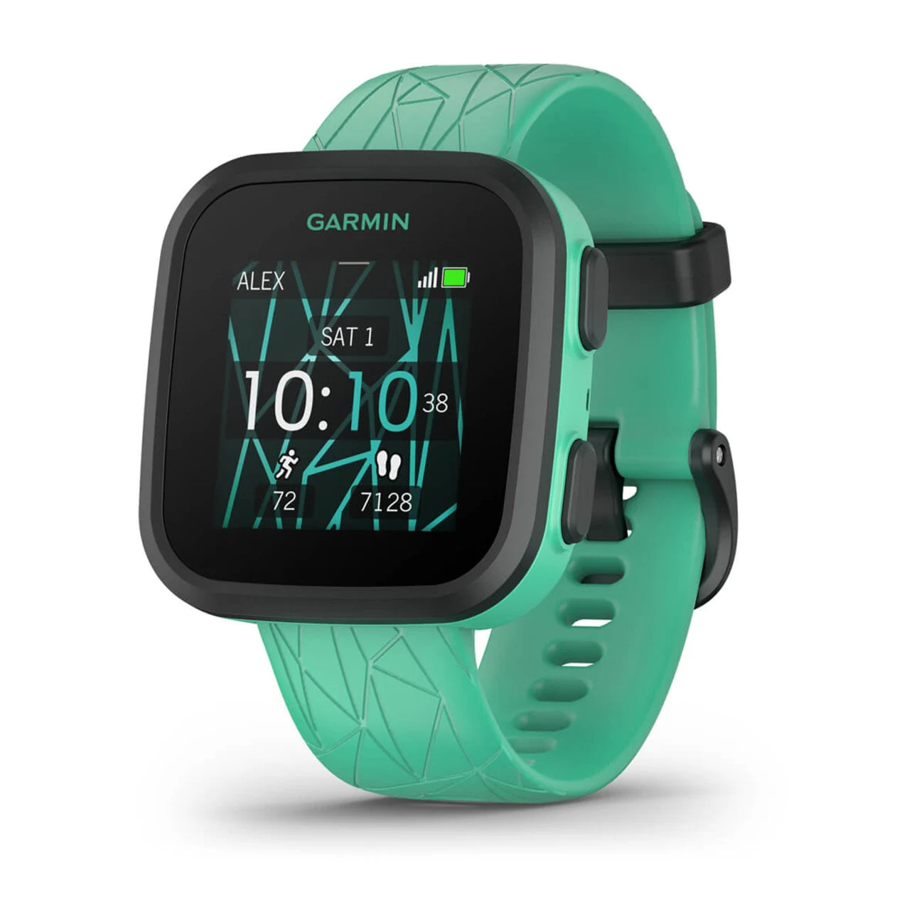 Garmin Bounce smartwatch in teal color displaying time, date, and fitness metrics.
