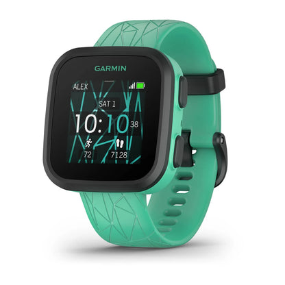 Garmin Bounce smartwatch in teal color displaying time, date, and fitness metrics.