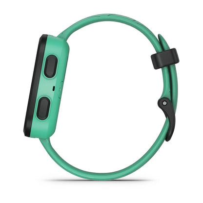 Garmin Bounce smartwatch in green, showcasing buttons and strap design.
