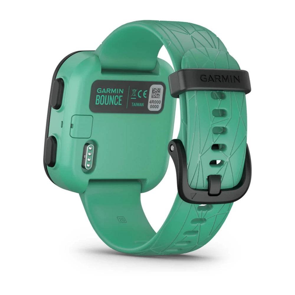 Garmin Bounce smartwatch in green with a textured strap, showing the back view and brand logo.