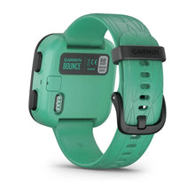 Garmin Bounce smartwatch in green with a textured strap, showing the back view and brand logo.