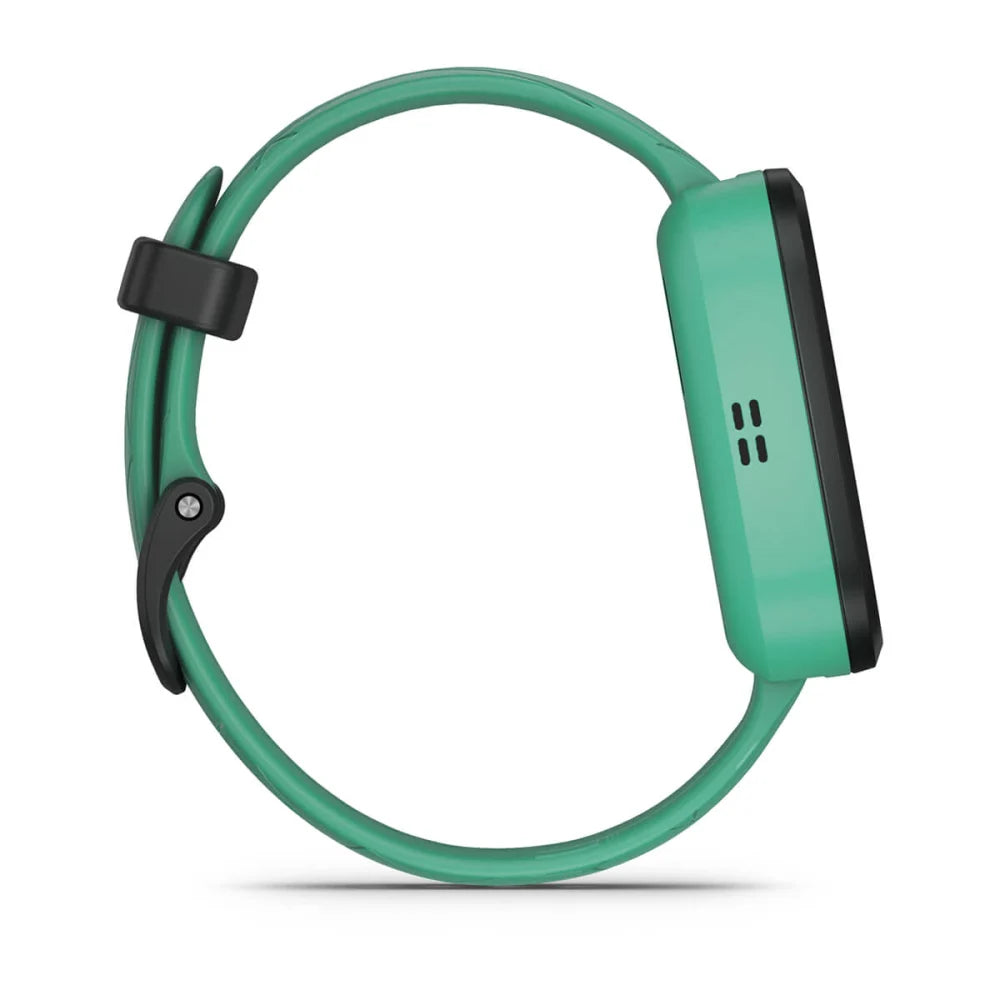 Side view of a Garmin Bounce, featuring a green strap and a sleek design.