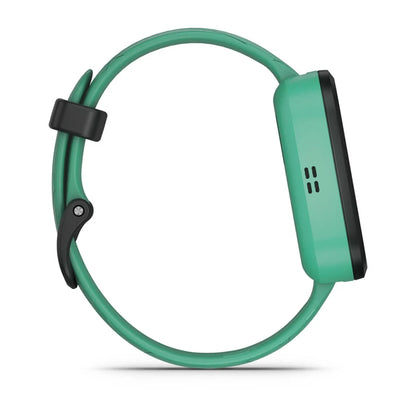 Side view of a Garmin Bounce, featuring a green strap and a sleek design.