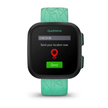Garmin Bounce smartwatch displaying a check-in screen with a prompt to send your location.