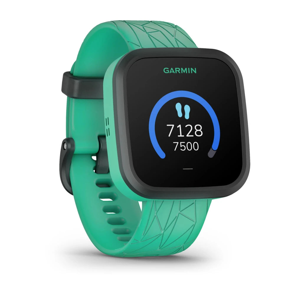 A Garmin Bounce smartwatch with a teal strap displaying step count statistics on its screen.