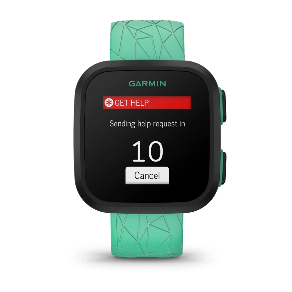 Garmin Bounce smartwatch displaying a 'Get Help' message with a countdown timer and a green strap.