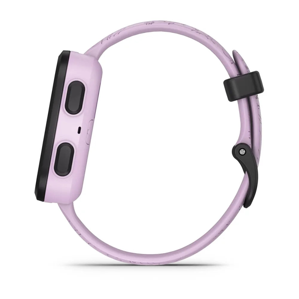 Side view of the Garmin Bounce smartwatch featuring a pink band and black buttons.
