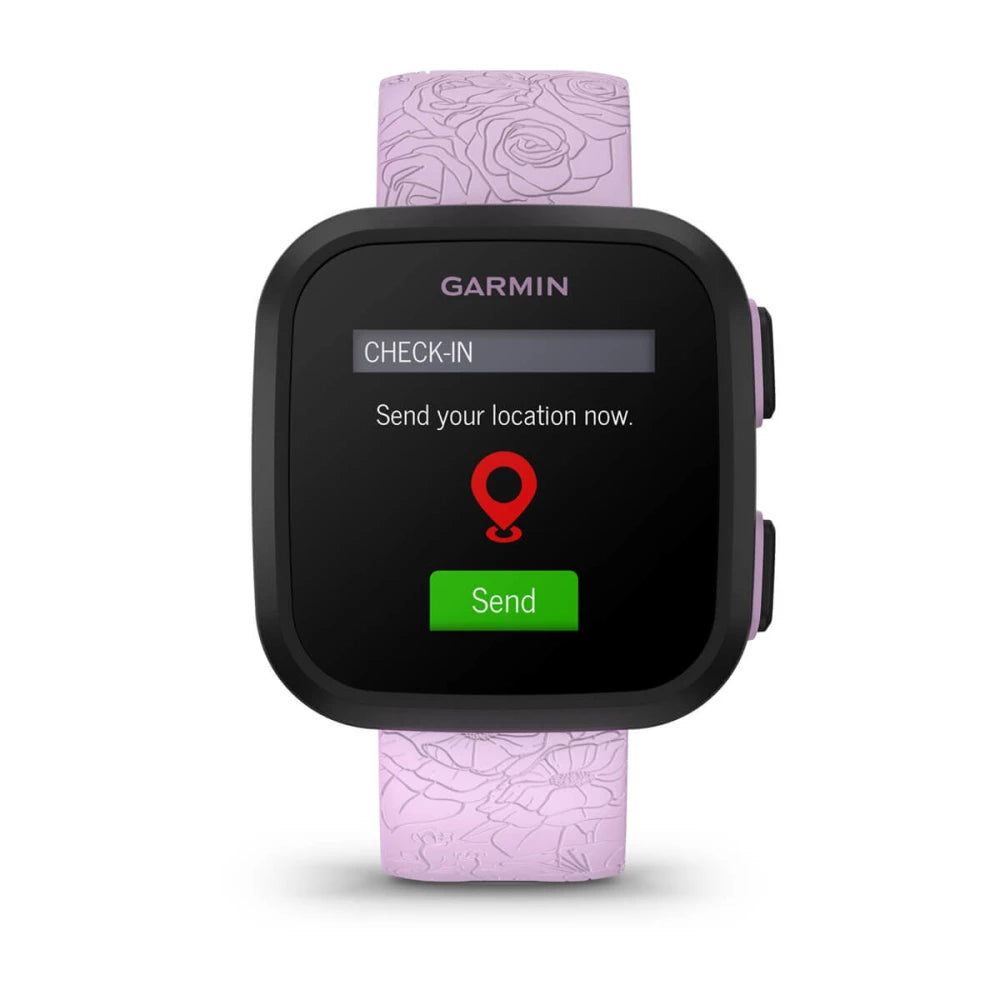 Garmin Bounce smartwatch displaying a check-in feature with a prompt to send location, featuring a pink floral strap.