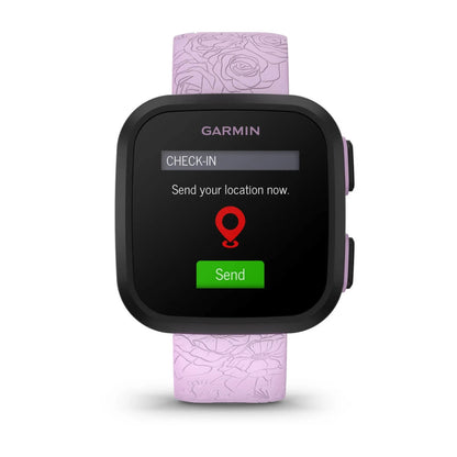 Garmin Bounce smartwatch displaying a check-in feature with a prompt to send location, featuring a pink floral strap.