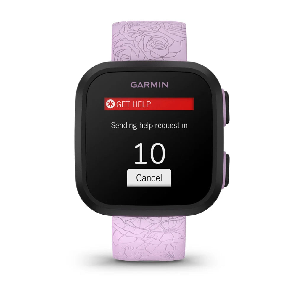 Garmin Bounce smartwatch displaying a help request screen with a countdown timer and a pink floral strap.