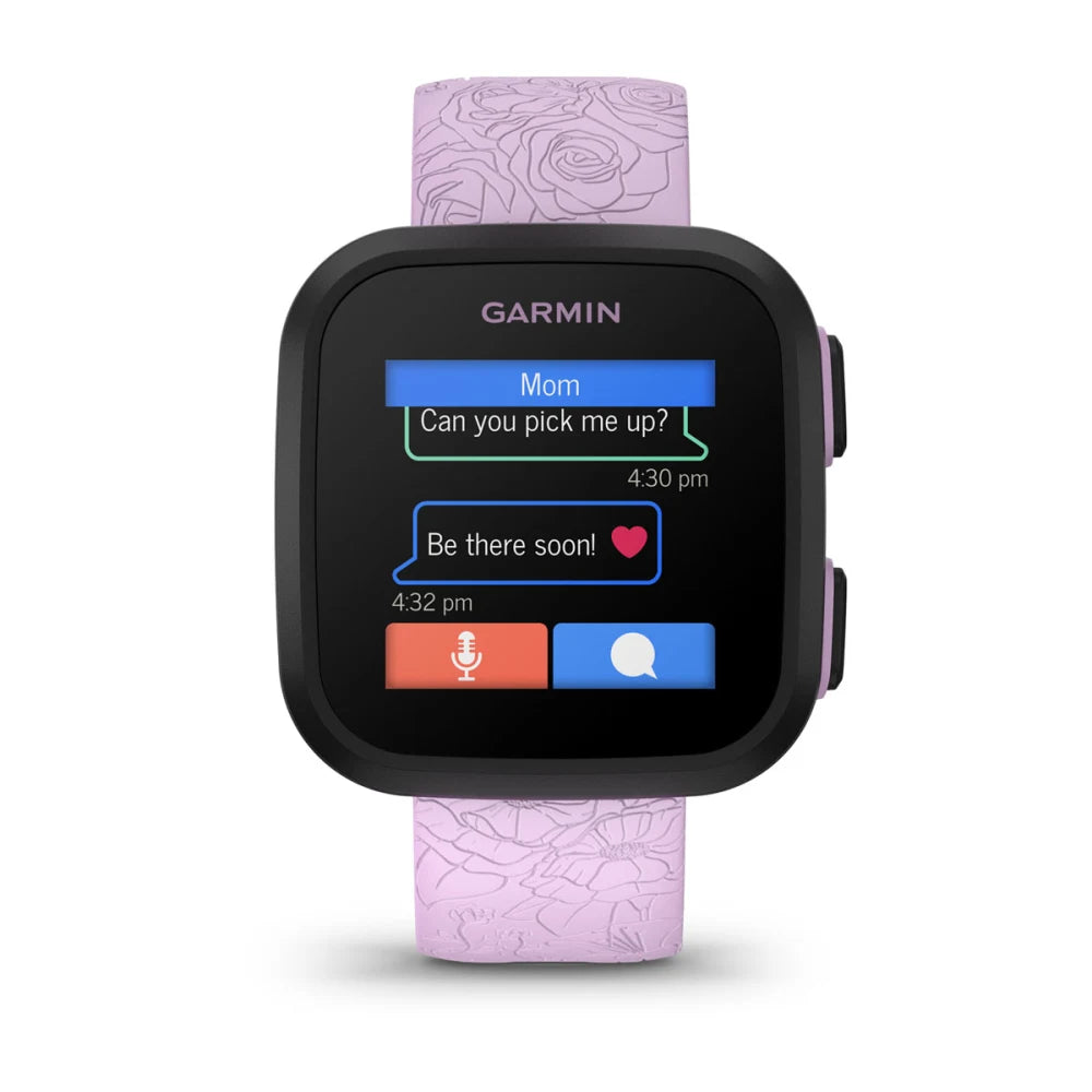 A Garmin Bounce smartwatch displaying a text conversation with messages from Mom asking to be picked up and a response saying Be there soon! on a pink floral band.