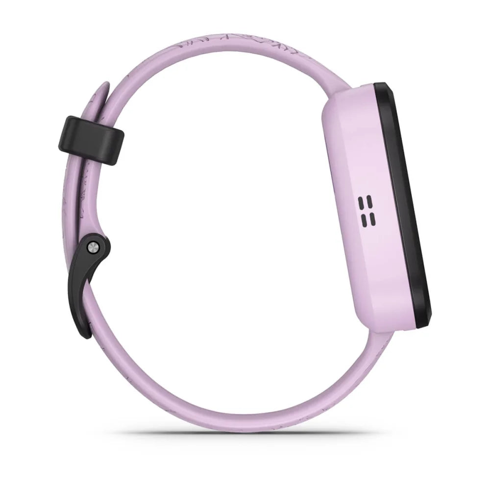 Side view of a Garmin Bounce smartwatch featuring a sleek design with a lavender strap and a black display.