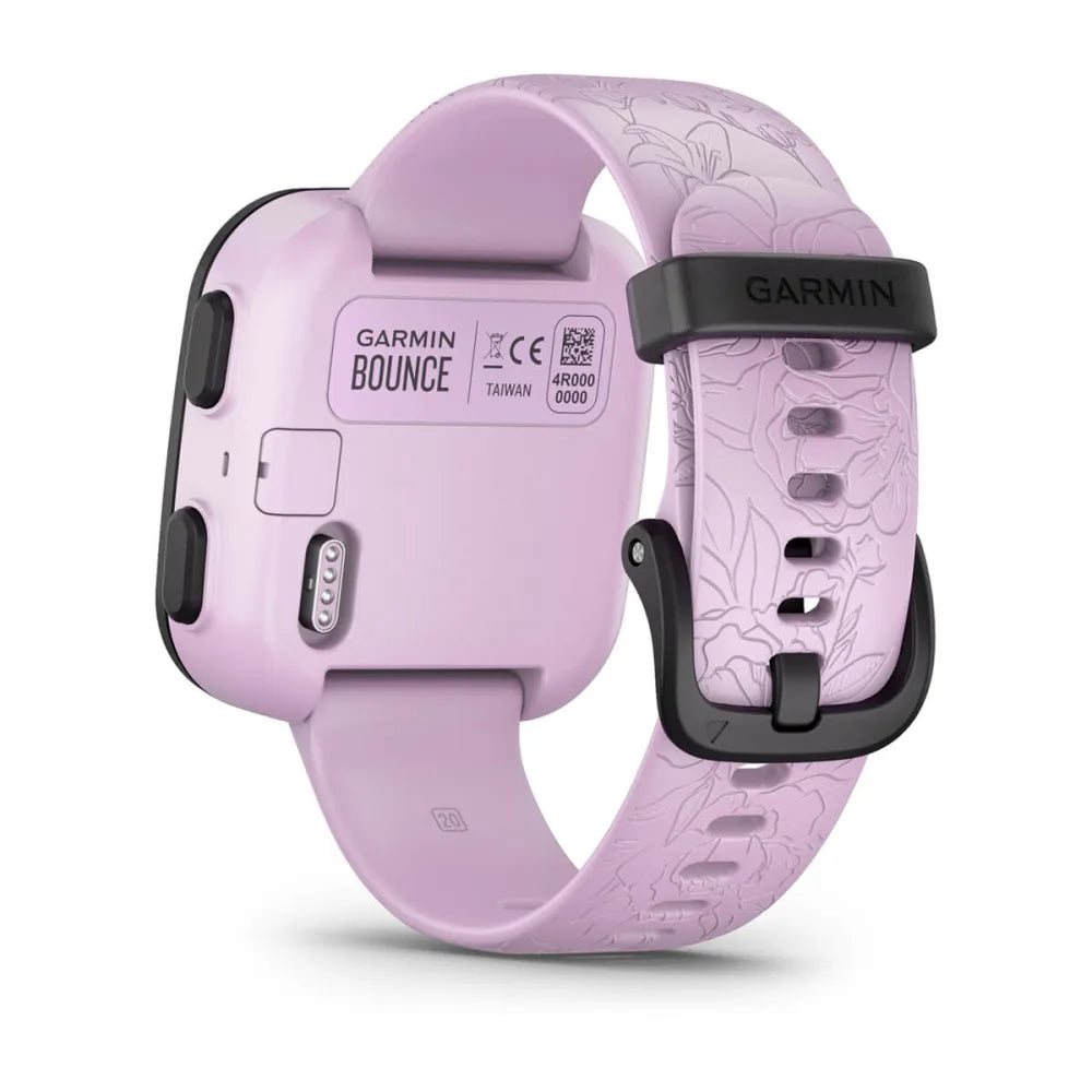 Back view of the Garmin Bounce smartwatch in light purple with a floral design on the strap.