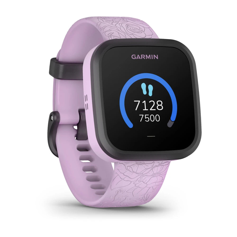 Garmin Bounce smartwatch in lavender color displaying step count with a black bezel.