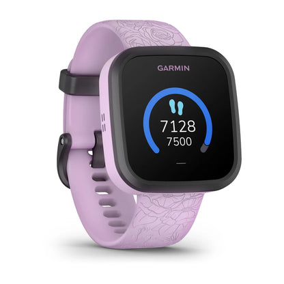 Garmin Bounce smartwatch in lavender color displaying step count with a black bezel.