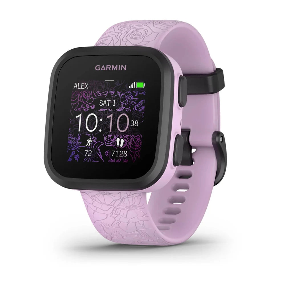 Garmin Bounce smartwatch with a purple floral strap, displaying the time and activity stats on the screen.