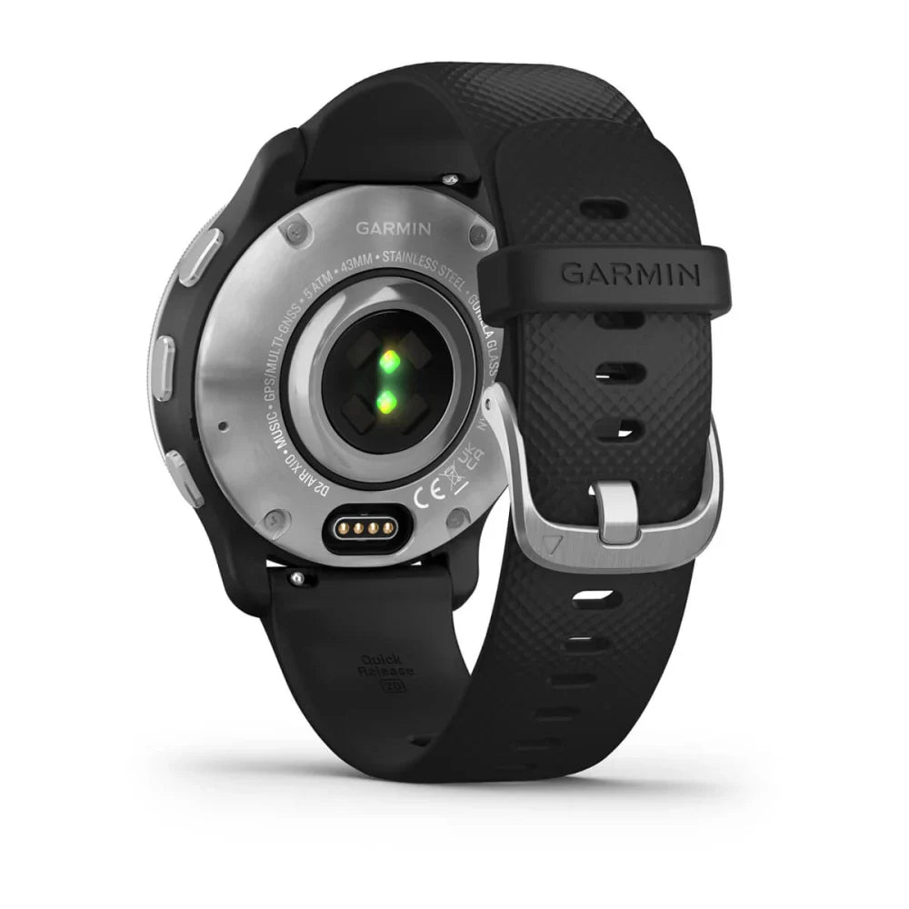 Back view of the Garmin D2 Air X10 smartwatch, showcasing the stainless steel case, black strap, and heart rate sensor.