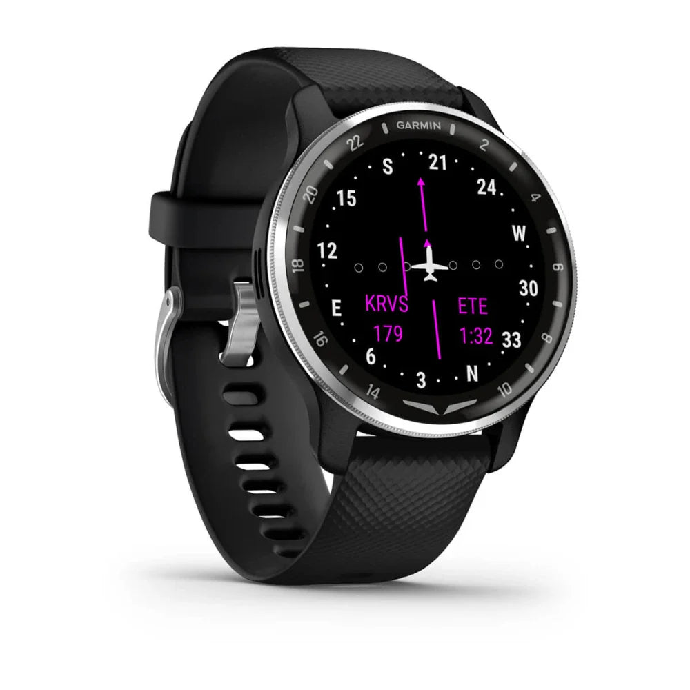 Garmin D2 Air X10 smartwatch displaying navigation information with a black strap and a round face featuring a black background and purple indicators.
