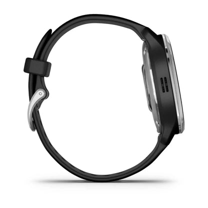 Garmin D2 Air X10 smartwatch displayed from the side, showcasing its sleek design and black strap.